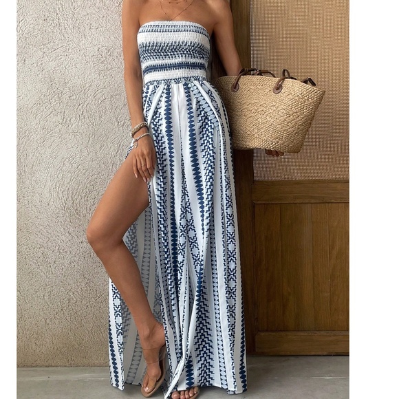 Boho Geo Print Shirred High waisted Wide Leg Jumpsuit - Picture 1 of 7